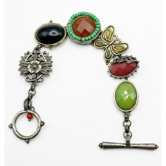 Ornate Lucky Brand Butterfly Flower Cabochon Bracelet Gold/Silver Tone - Picture 1 of 7